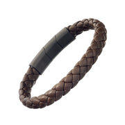 Brown wide braided leather bracelet with black steel slide clasp 