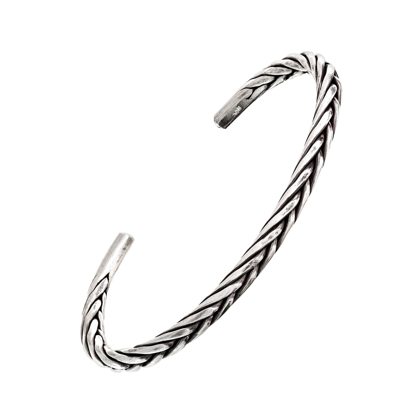  Oxidized sterling silver twisted rope open cuff bracelet with flat ends showing full silhouette by Jan Leslie.