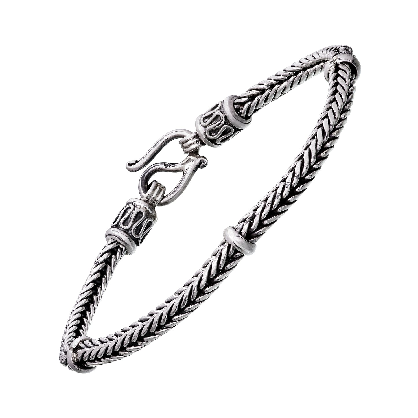 Oxidized sterling silver heavy braided wheat chain bracelet with decorative end caps ring accents and hook clasp showing full silhouette by Jan Leslie.
