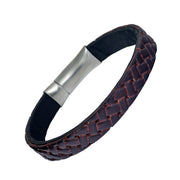 Men's black wide braided leather bracelet with brushed silver magnetic bar clasp — Jan Leslie