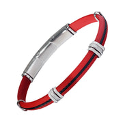 Men's red rubber and black steel cable bracelet with engravable silver ID bar — Jan Leslie