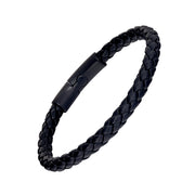 Men's black braided leather bracelet with matte black clasp, angled studio view — Jan Leslie