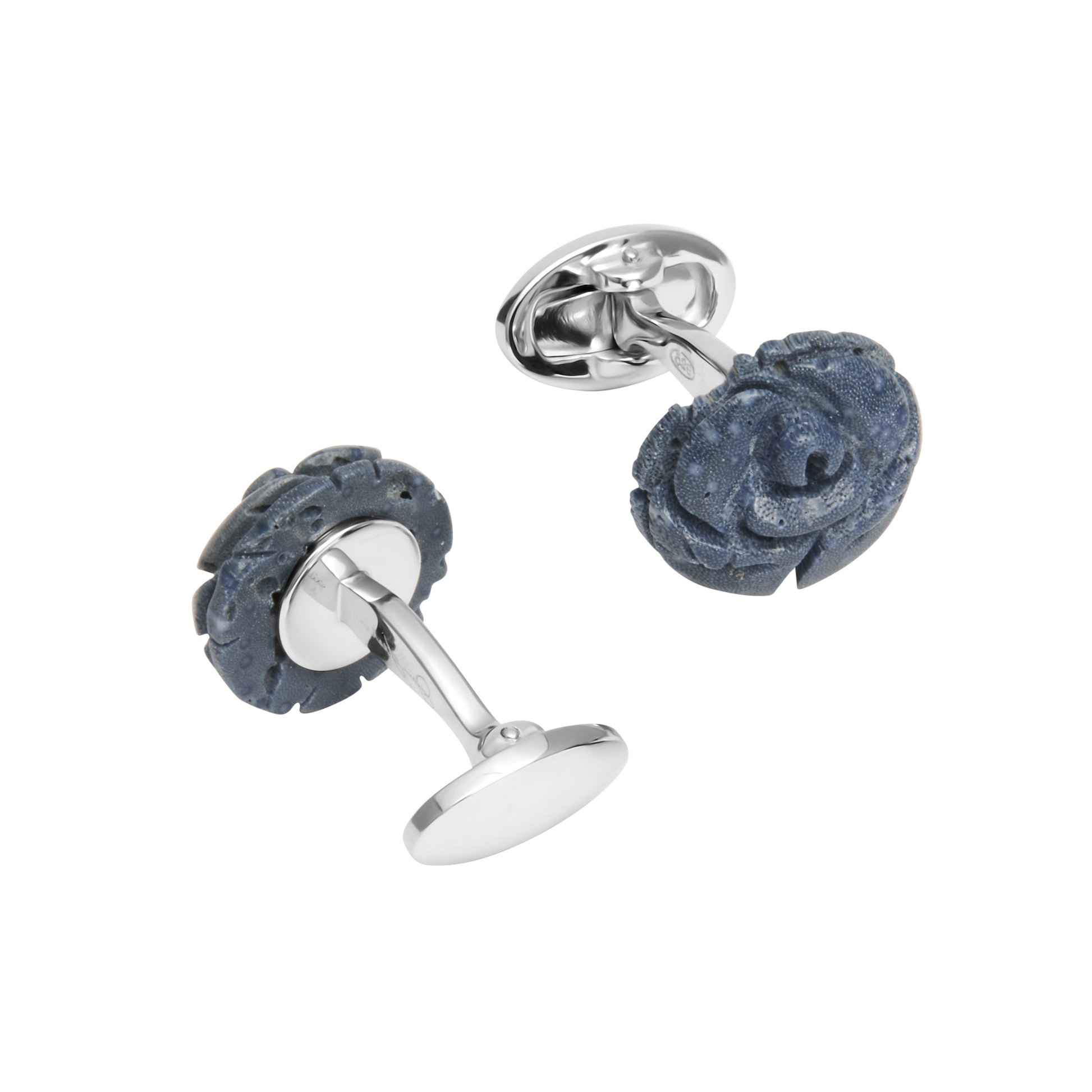 Hand-carved blue coral rose cufflinks in a sterling silver T-bar setting