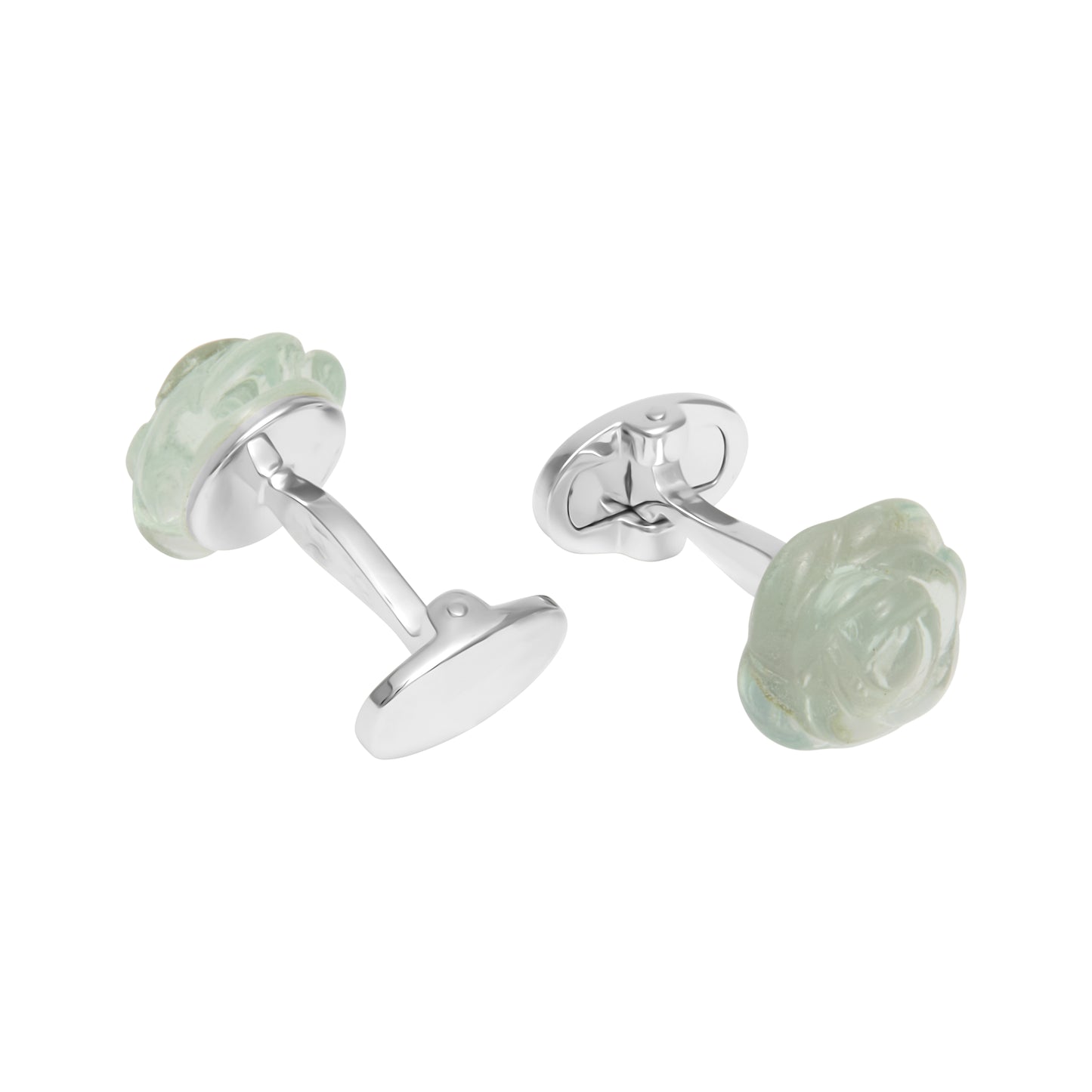 Hand-carved jade rose cufflinks in a sterling silver T-bar setting