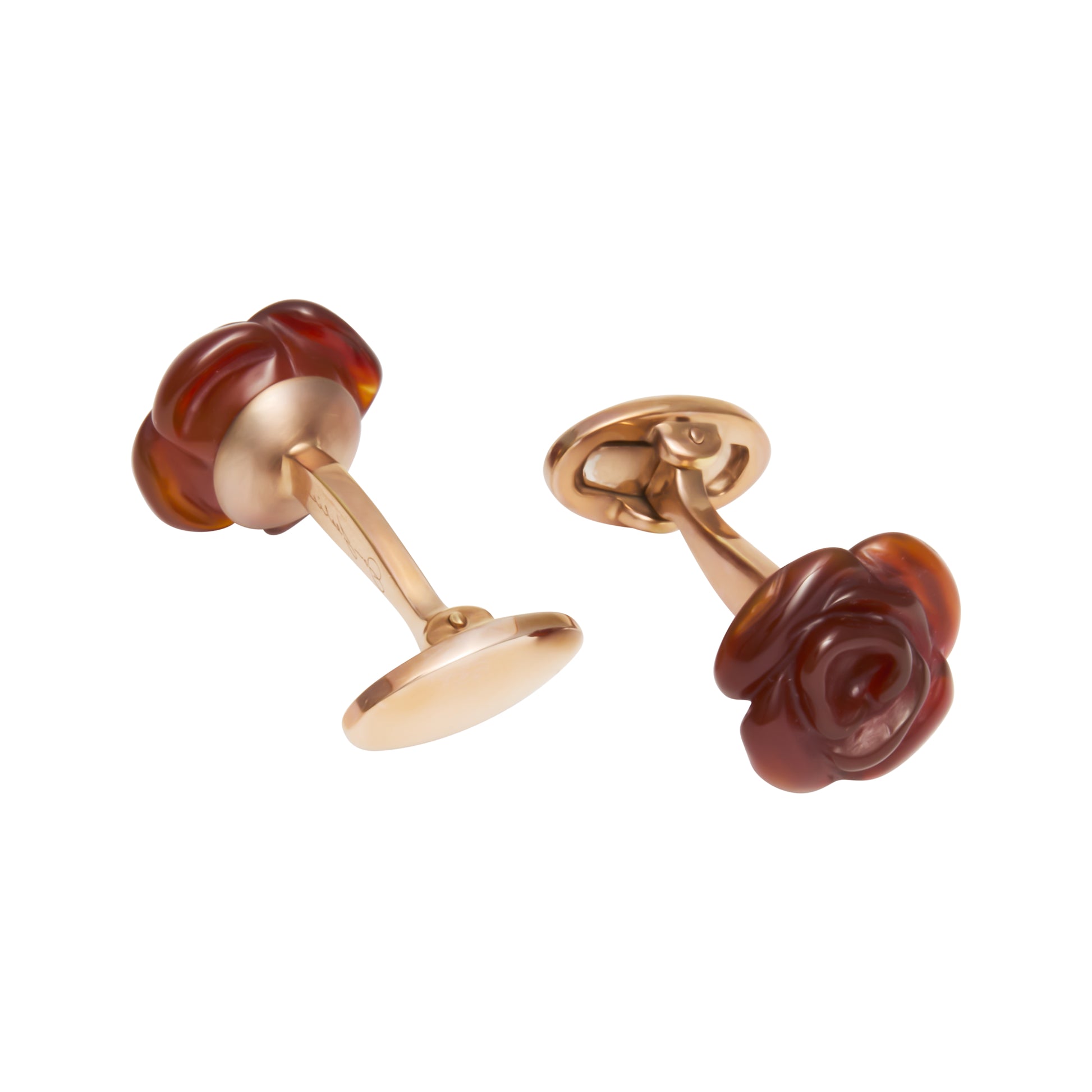 Hand-Carved Carnelian Rose Gemstone Rose Gold Sterling Silver Cufflinks.