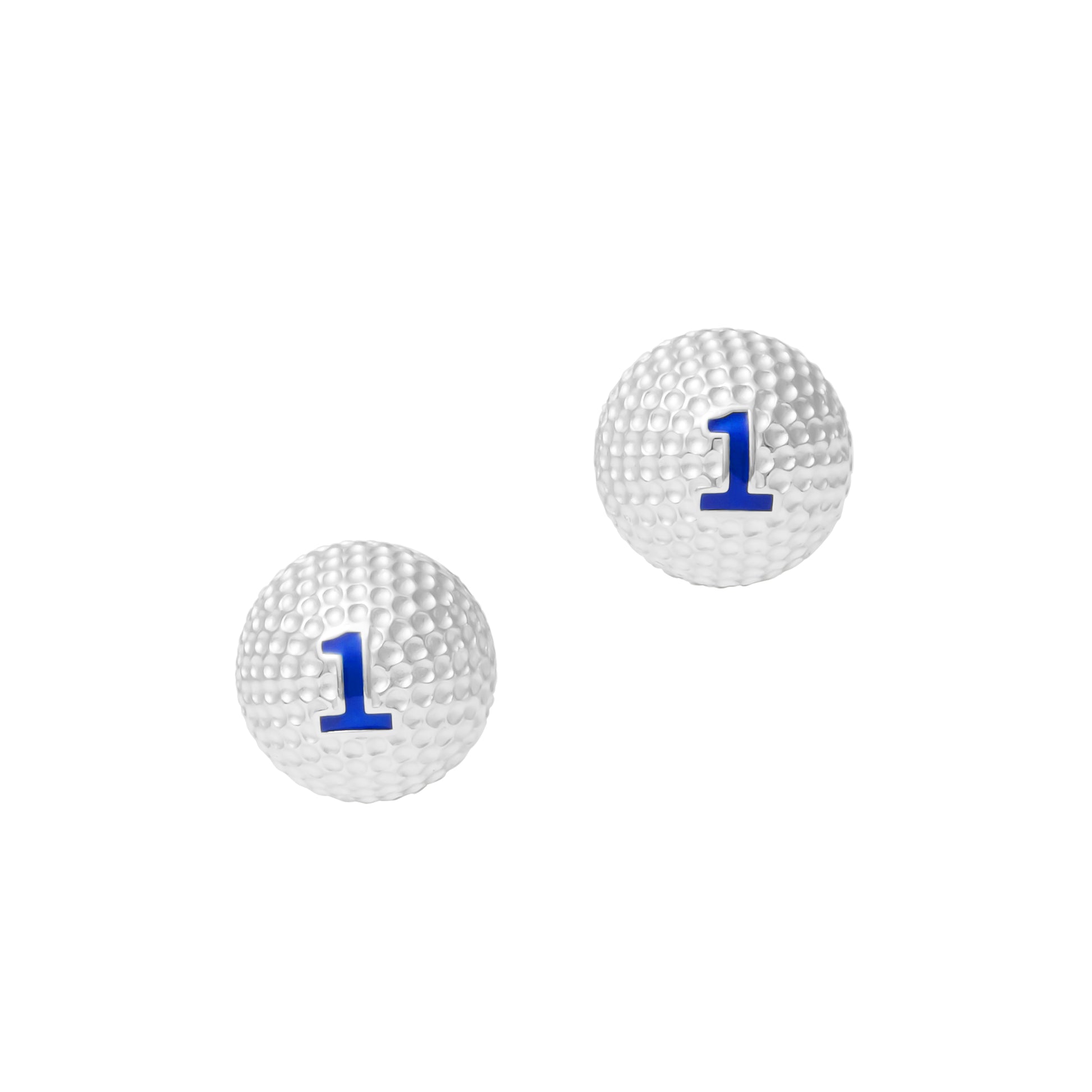 Sterling silver golf ball cufflinks with blue enamel number one detail 
