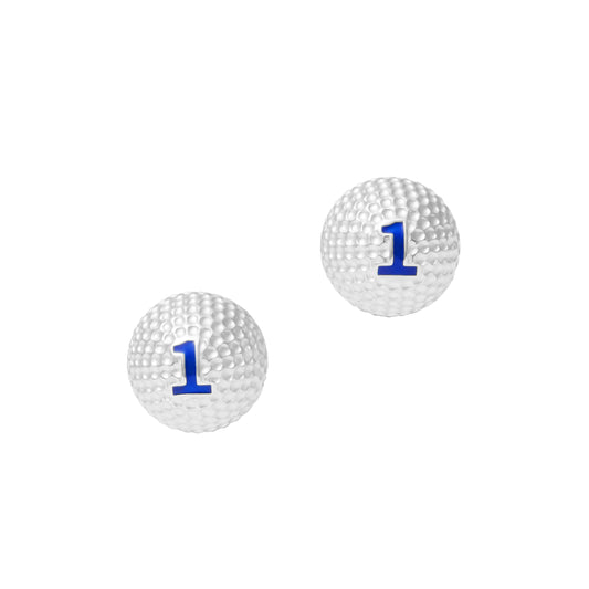 Sterling silver golf ball cufflinks with blue enamel number one detail 