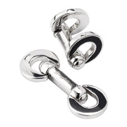Sterling silver double open-ring chain link cufflinks with black enamel crescent and polished dumbbell back connector, Jan Leslie