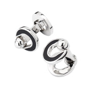 Sterling silver double open-ring chain link cufflinks with black enamel crescent and polished dumbbell back connector, Jan Leslie
