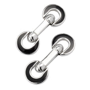 Sterling silver double open-ring chain link cufflinks with black enamel crescent and polished dumbbell back connector, Jan Leslie