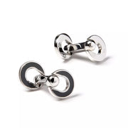 Sterling silver double open-ring chain link cufflinks with black enamel crescent and polished dumbbell back connector, Jan Leslie
