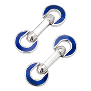 Sterling silver double open-ring chain link cufflinks with royal blue enamel crescent and swivel ball connector, Jan Leslie
