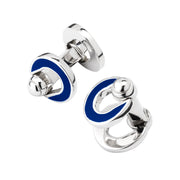 Sterling silver round cufflinks with royal blue enamel crescent inlay and bullet toggle back closure, Jan Leslie