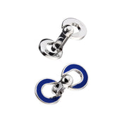 Sterling silver round cufflinks with royal blue enamel crescent inlay and bullet toggle back closure, Jan Leslie
