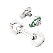 Sterling silver double open-ring chain link cufflinks with green enamel border and swivel ball connector, Jan Leslie