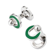 Sterling silver double open-ring chain link cufflinks with green enamel border and swivel ball connector, Jan Leslie