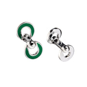 Sterling silver double open-ring chain link cufflinks with green enamel border and swivel ball connector, Jan Leslie