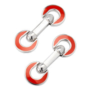 Sterling silver double open-ring cufflinks with red enamel crescent face and engraved Jan Leslie dumbbell bar back connector, Jan Leslie