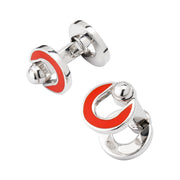 Sterling silver orange enamel double-ring chain link cufflinks