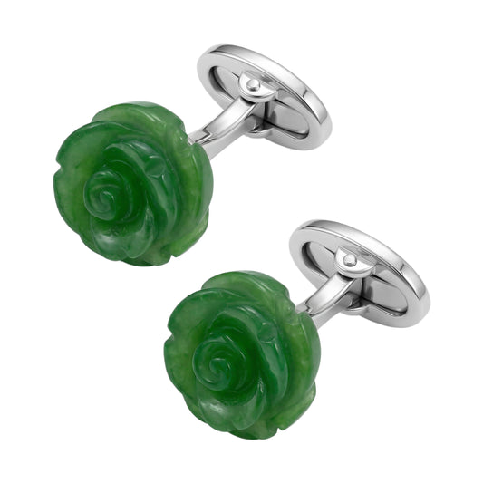 Rose cufflinks showing deep green translucent stone depth, spiral petal relief carving, sterling silver post, and silver oval swivel back closure, Jan Leslie