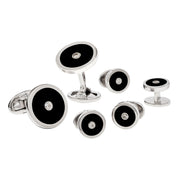  Sterling silver black onyx and diamond round cufflink and shirt stud 6-piece dress set angled view showing two round cufflinks with double-disc swivel T-bar closure and four shirt studs with polished silver barrel backs all with black onyx inlay 