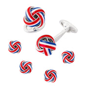 Sterling silver red white and blue enamel knot cufflinks and four tuxedo stud set by Jan Leslie.