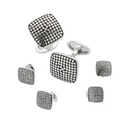 Sterling silver oxidised polka dot cushion-square tuxedo cufflink and shirt stud set