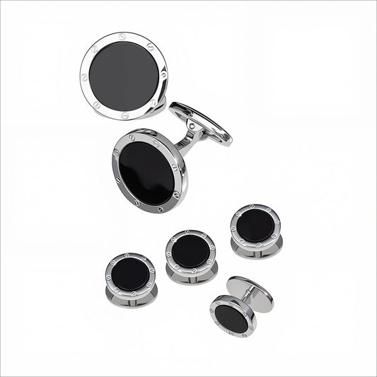 Onyx Gemstone Rivet Etch Sterling Cufflinks & Studs