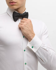 Sterling silver faceted green emerald tuxedo stud and cufflink set.