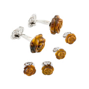 Hand-carved tiger's eye rose tuxedo set showing sterling silver oval disc stud backs and clover cufflink backs, Jan Leslie