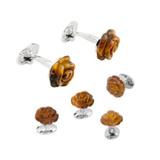 Hand-carved tiger's eye rose tuxedo set with sterling silver clover-back cufflinks, Jan Leslie