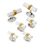 Sterling silver ribbed cylinder tuxedo set with 18k gold band accent and oval swivel back closures, Jan Leslie