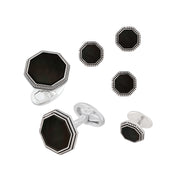 Octagon matte black onyx cufflink in oxidized sterling silver rope