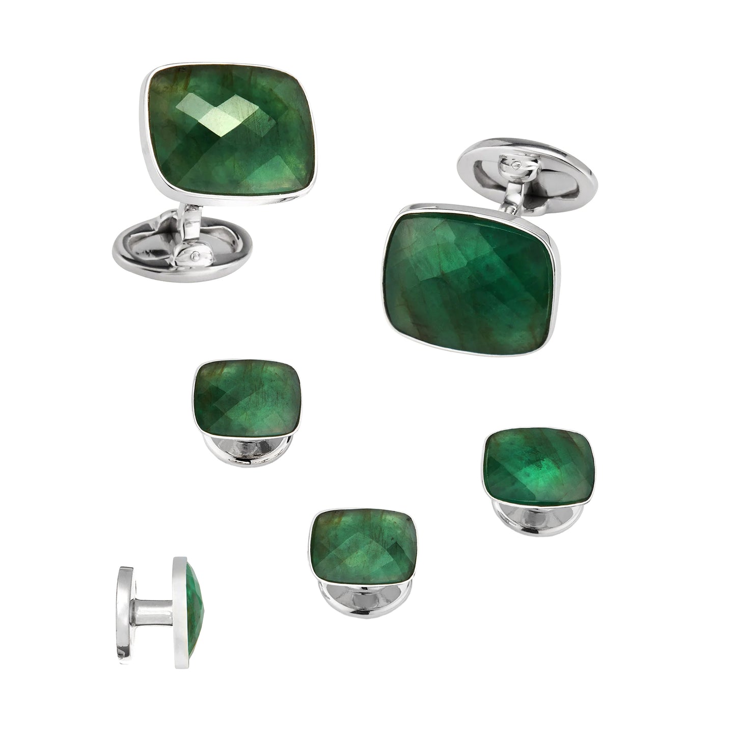 Faceted Emerald Sterling Cufflinks & Stud set For Benjamin B.