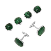 Deep green emerald cushion-cut cufflink and tuxedo stud set with sterling silver bezel settings and toggle backs.