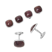 Sterling silver cushion-cut faceted ruby tuxedo set showing the reverse detail.