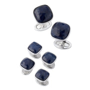 Sterling silver blue sapphire crystal tuxedo set showing two cushion-cut cufflinks and four matching shirt studs with whale-back and post closures by Jan Leslie.