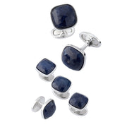 Sterling silver blue sapphire crystal tuxedo cufflink and shirt stud set angled view showing cushion-cut stones and silver bezel settings by Jan Leslie.
