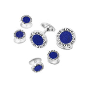 Sterling silver lapis lazuli cufflinks and tuxedo shirt stud set with engraved LOVE border inscription, luxury black tie men's jewelry gift set.