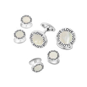 Sterling silver mother of pearl tuxedo cufflinks and shirt stud set with engraved LOVE border inscription, luxury black tie men's jewelry gift set.