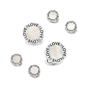 Sterling silver mother of pearl tuxedo cufflinks and shirt stud set with engraved LOVE border inscription, luxury black tie men's jewelry gift set.
