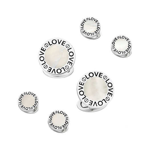 Sterling silver mother of pearl tuxedo cufflinks and shirt stud set with engraved LOVE border inscription, luxury black tie men's jewelry gift set.