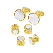 Mother-of-Pearl, model shot: Round Mother-of-Pearl & Gold Vermeil Tuxedo Cufflinks & Studs Formal Set on Model in White Tuxedo - Jan Leslie Cufflinks and Accessories