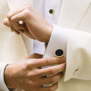 Black Onyx, model shot: Round Black Onyx & Gold Vermeil Tuxedo Cufflinks & Studs Formal Set on Model in White Tuxedo - Jan Leslie Cufflinks and Accessories