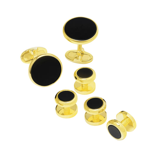 Round Black Onyx & Gold Vermeil 5-Piece Tuxedo Formal Set- Jan Leslie Cufflinks and Accessories