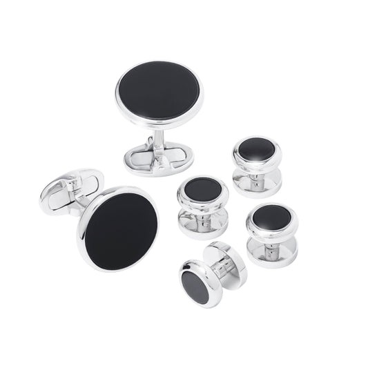 Round Black Onyx & Polished Sterling Silver 6-Piece Tuxedo Formal Set — Cufflinks & Studs - Jan Leslie Cufflinks and Accessories