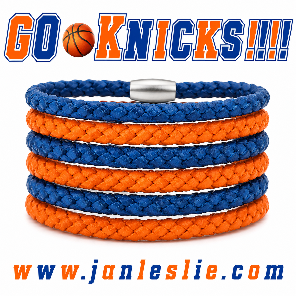 Go Knicks!  Blue & Orange Woven Leather Bracelet Stack
