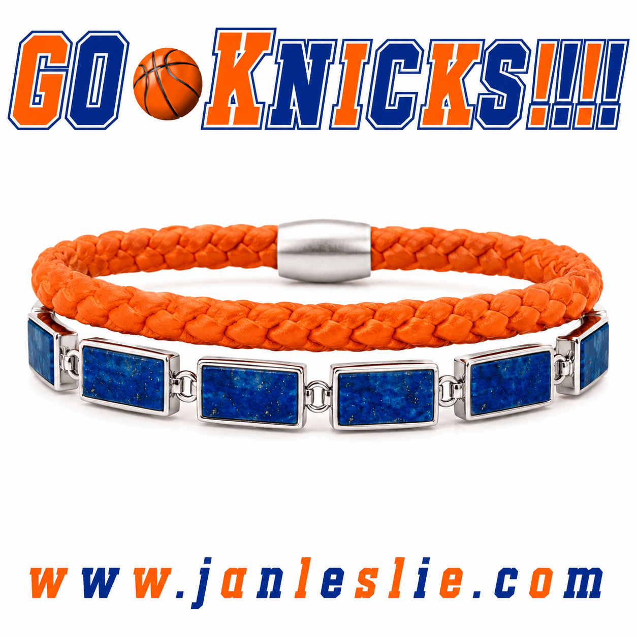 Go Knicks!  Blue Lapis Dash & Orange Woven Leather Bracelet Stack