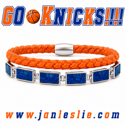 Go Knicks!  Blue Lapis Dash & Orange Woven Leather Bracelet Stack