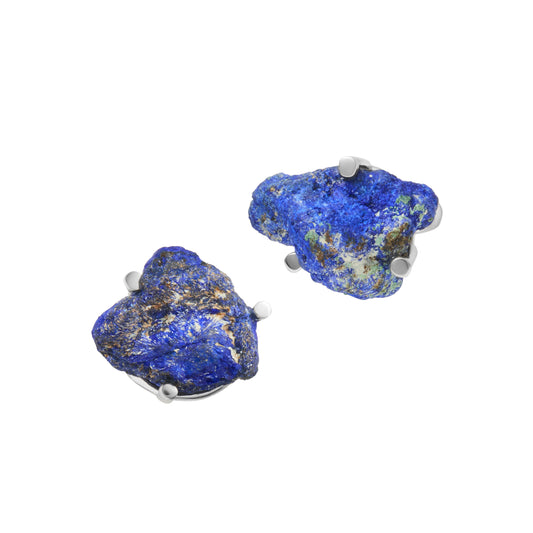 Raw azurite gemstone cufflinks set in sterling silver prong mounts nature inspired luxury accessories for the modern, discerning gentleman